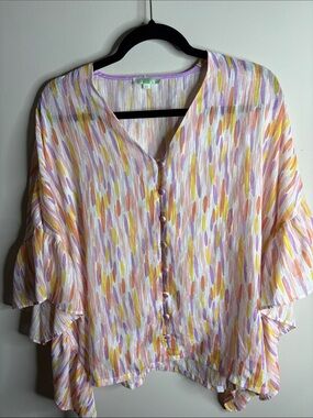 Jade Melody Tam V-Neck Button-Front Blouse in Pastel Pink, Lavender & Yellow